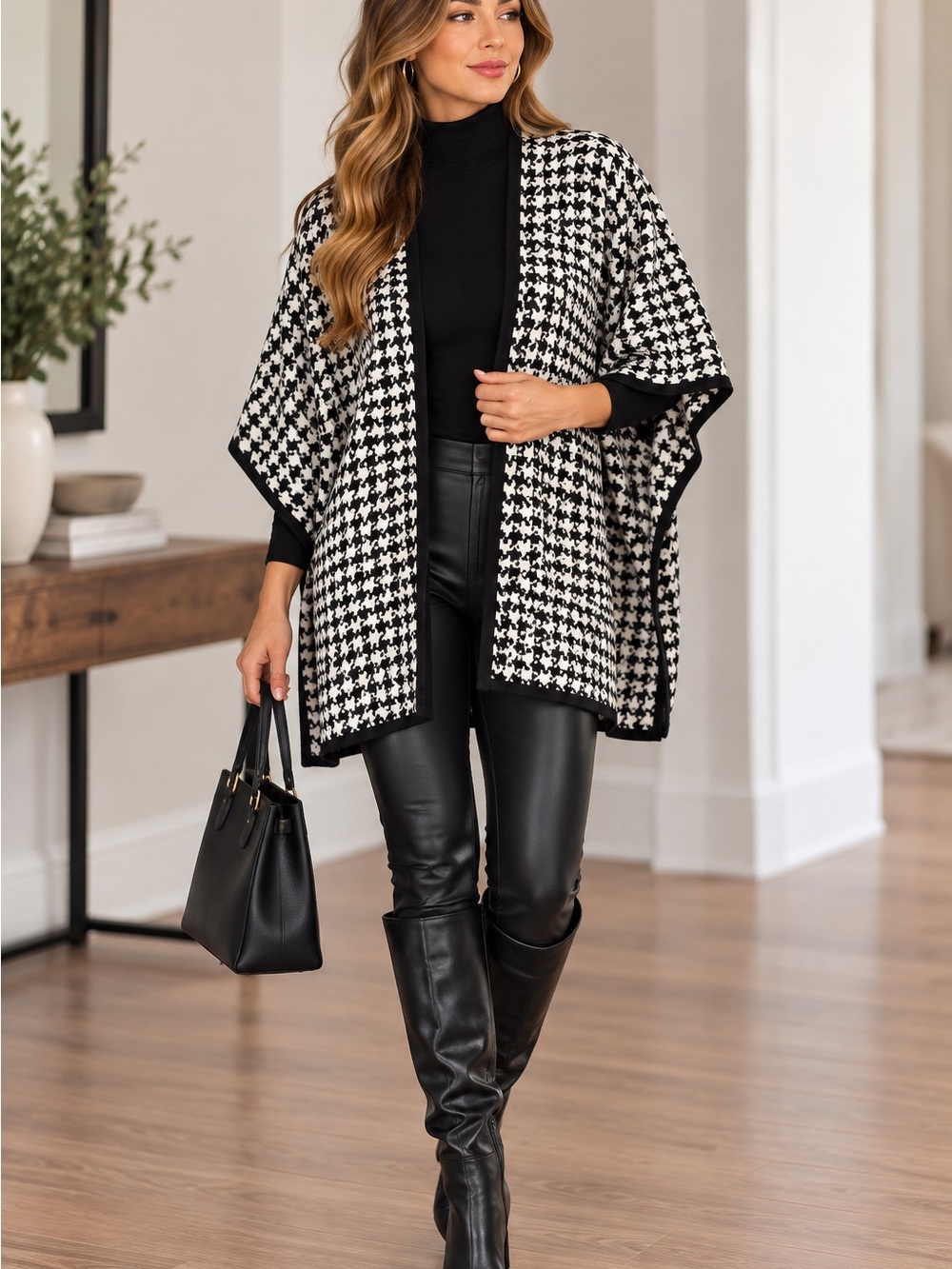 Chico's Black & White Houndstooth Open-Front Cape